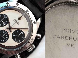 Paul Newman wore a Rolex Daytona. On the fond de boîte, three words: Drive Carefully Me